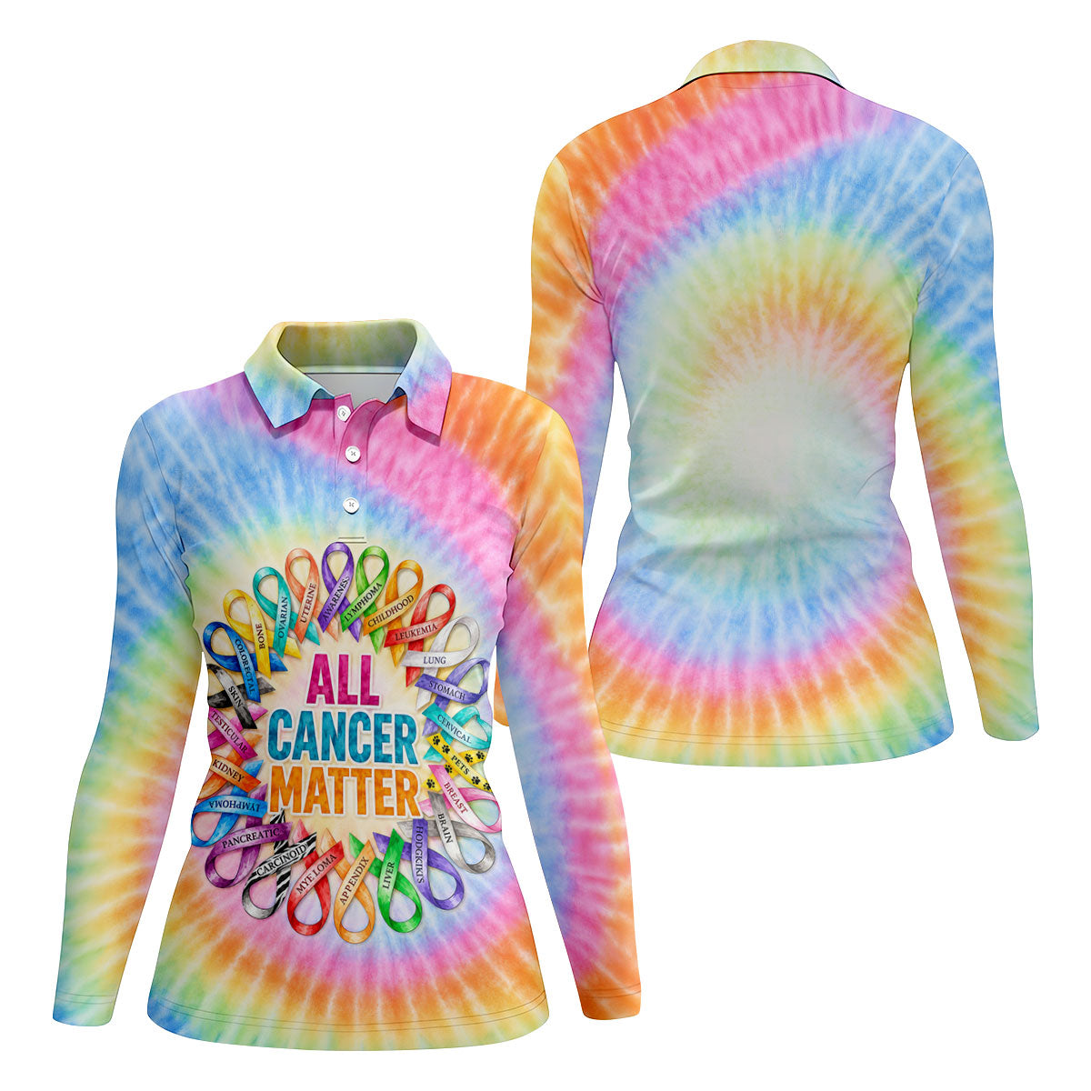 All Cancer Matter Colorful Ribbon Polo Shirt, Ladies Golf Tops, Printed Golf Shirt