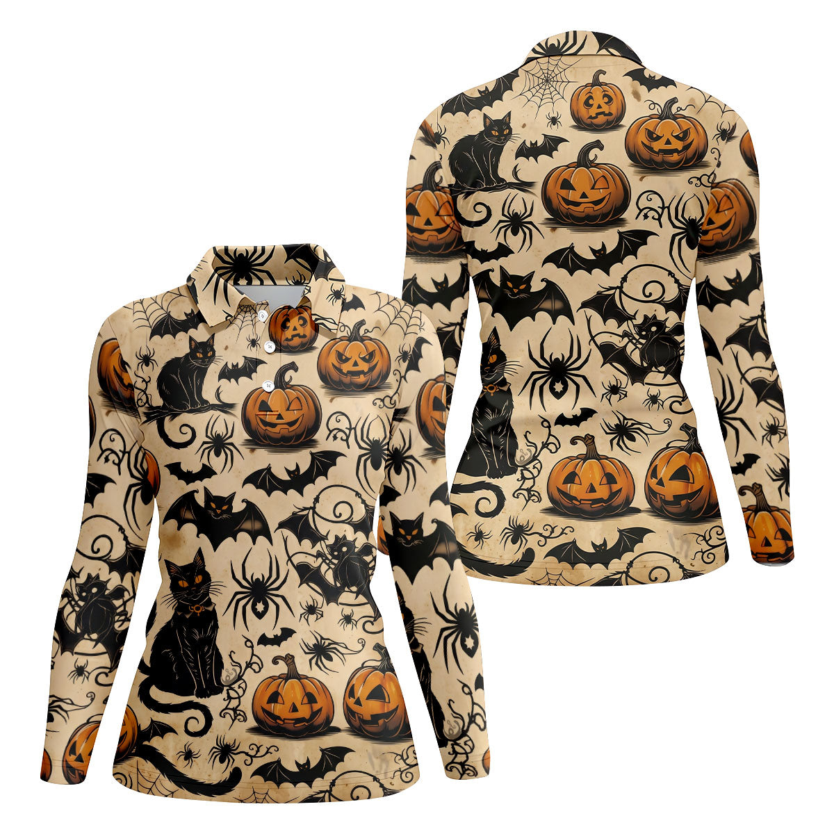 Vintage Halloween Cat Pumpkin Pattern Golf Polo Shirt, Womens Golf Polo, Ladies Golf Shirts