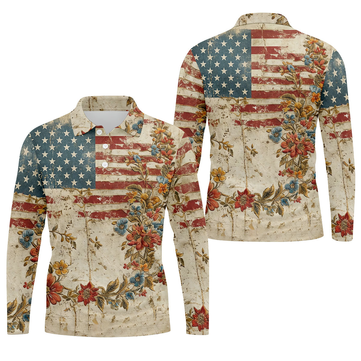 Floral American Flag Vintage Golf Shirt, 250 Years Patriotic 4th Of July Golf Shirts For Men