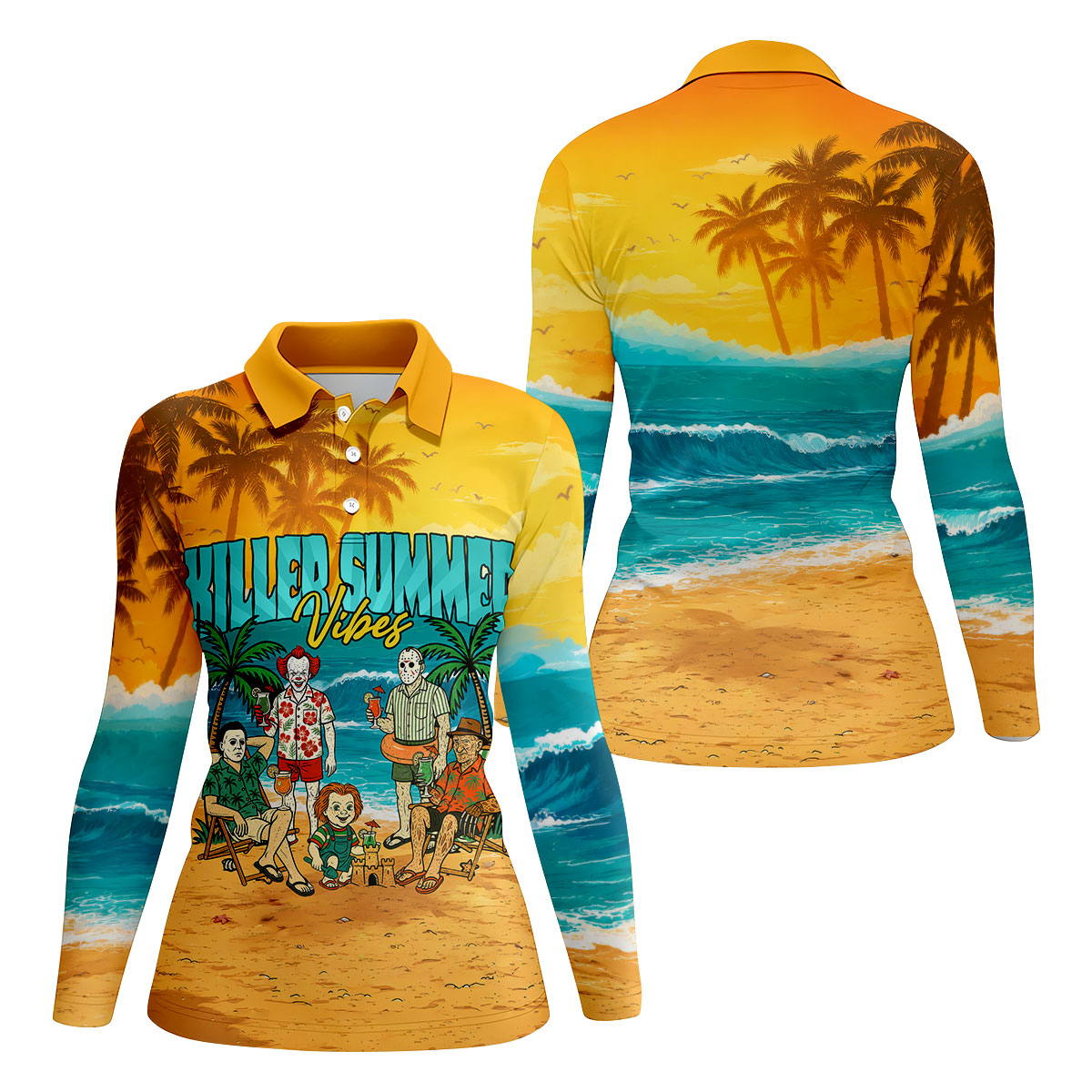 Killer Summer Vibes Horror Beach Party Golf Hawaiian Shirt, Women's Golf Polo, Ladies Golf Tops