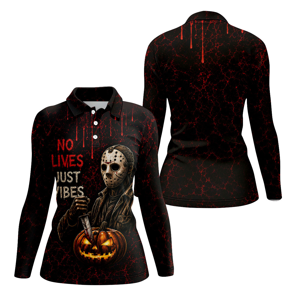 No Lives Just Vibes Halloween Horror Character Shirt, Golf Shirts For Women, Printed Golf Shirt