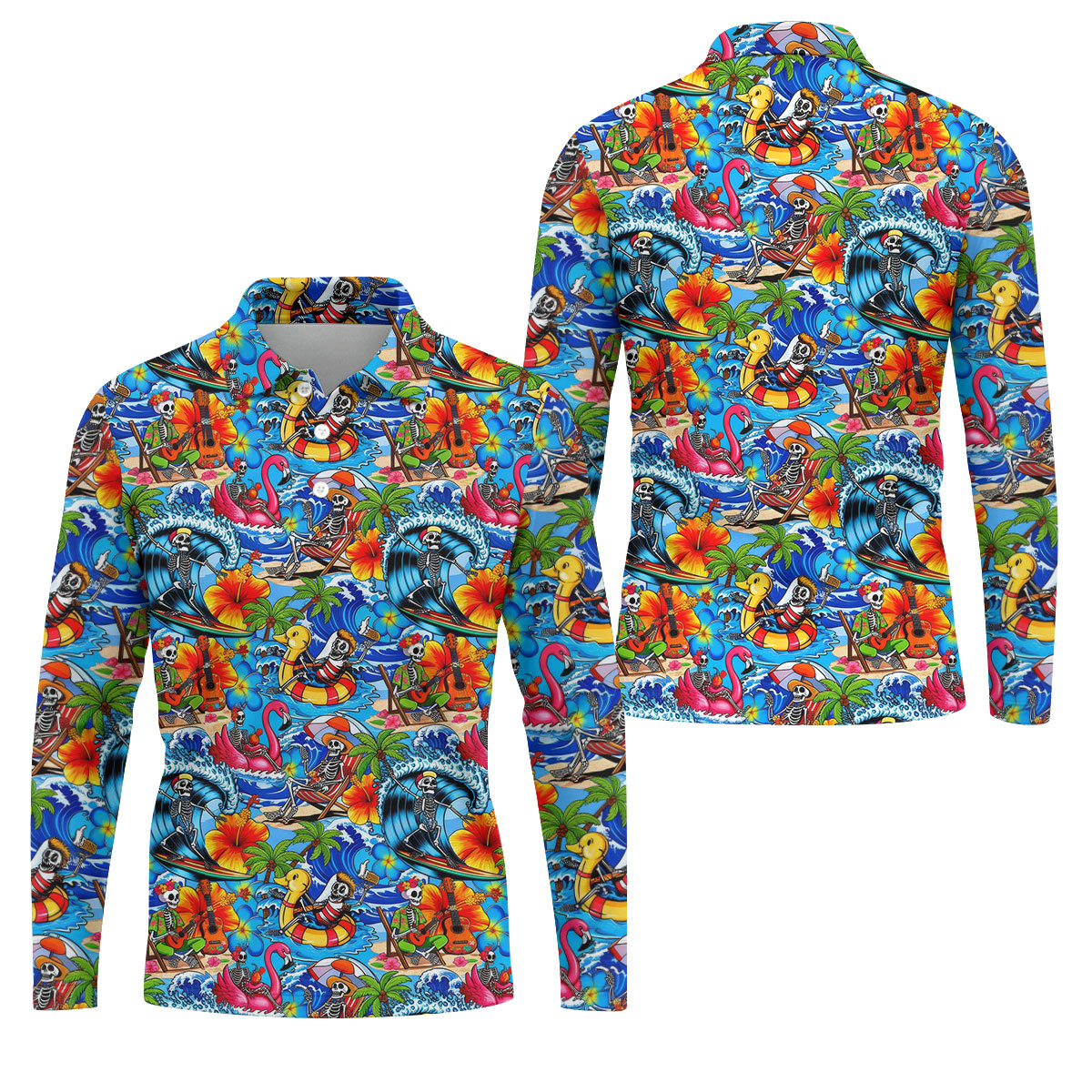 Blue Tropical Skeleton Surfer Pattern Golf Polo Shirt, Men's Golf Shirt, Golf Polo Shirts For Men