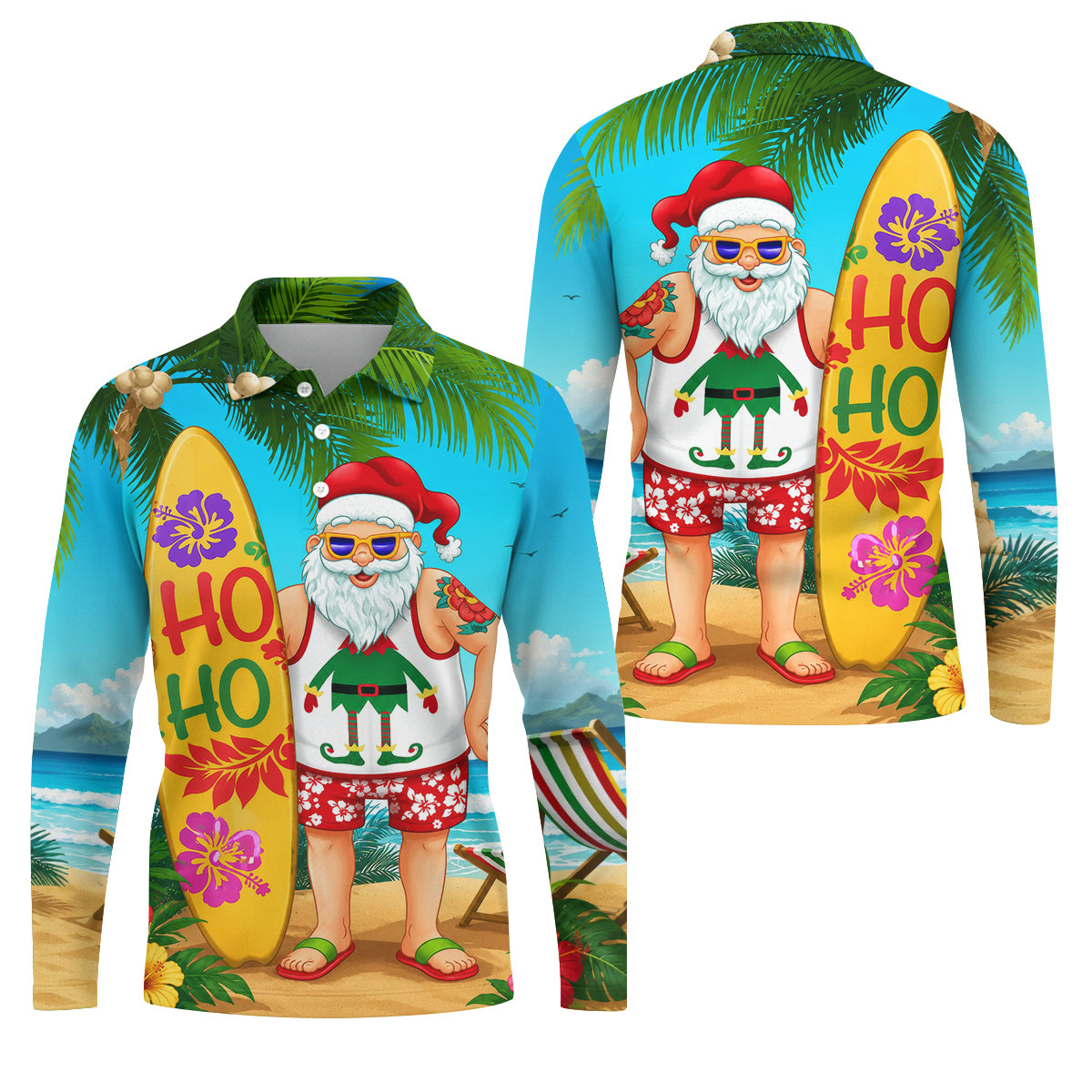 Surfboard Santa Tropical Christmas Golf Shirt, Men's Golf Shirt, Hawaiian Golf Shirt
