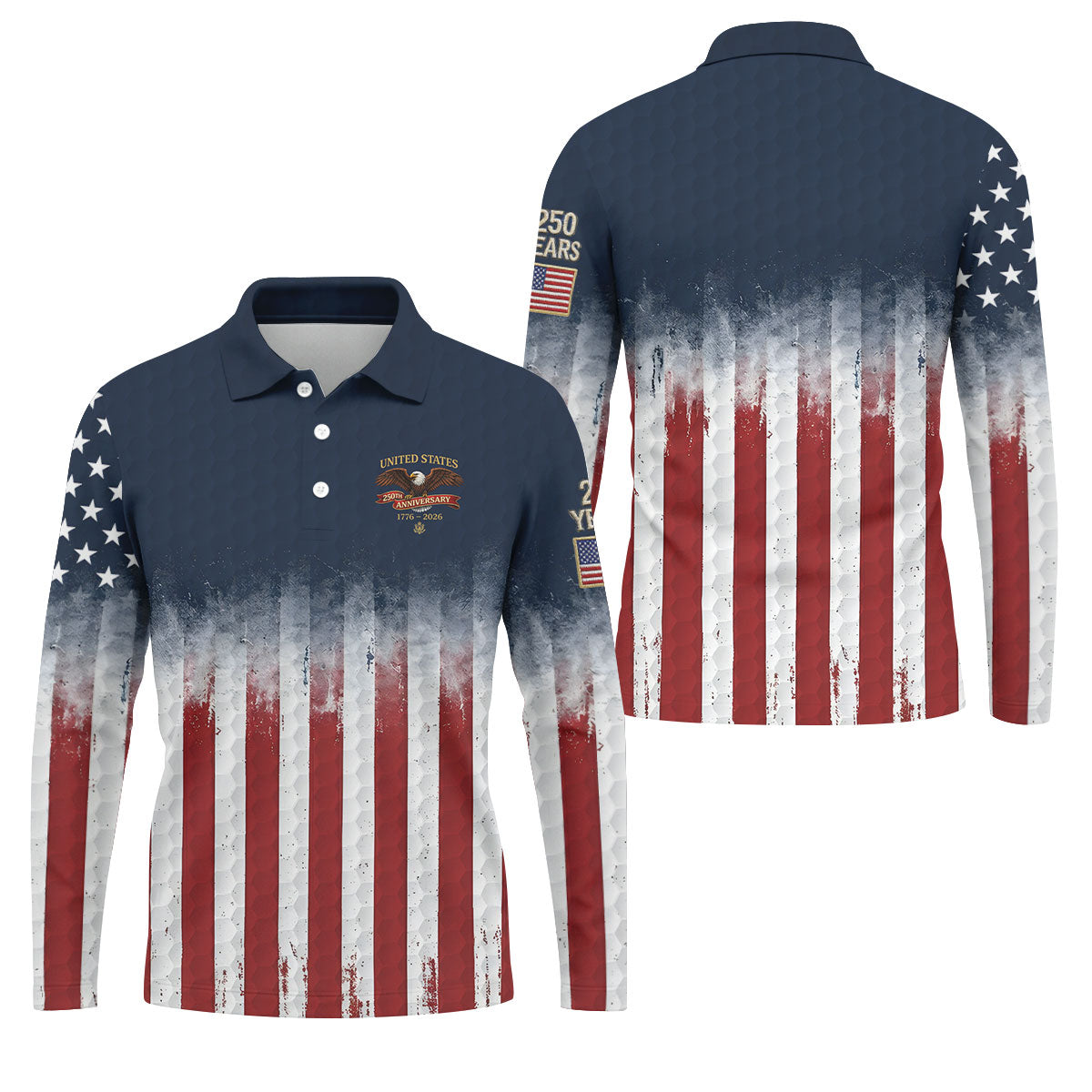 United States 250th Anniversary Distressed Flag Golf Tops For Men, Golf Ball Pattern Golf Shirts For Men