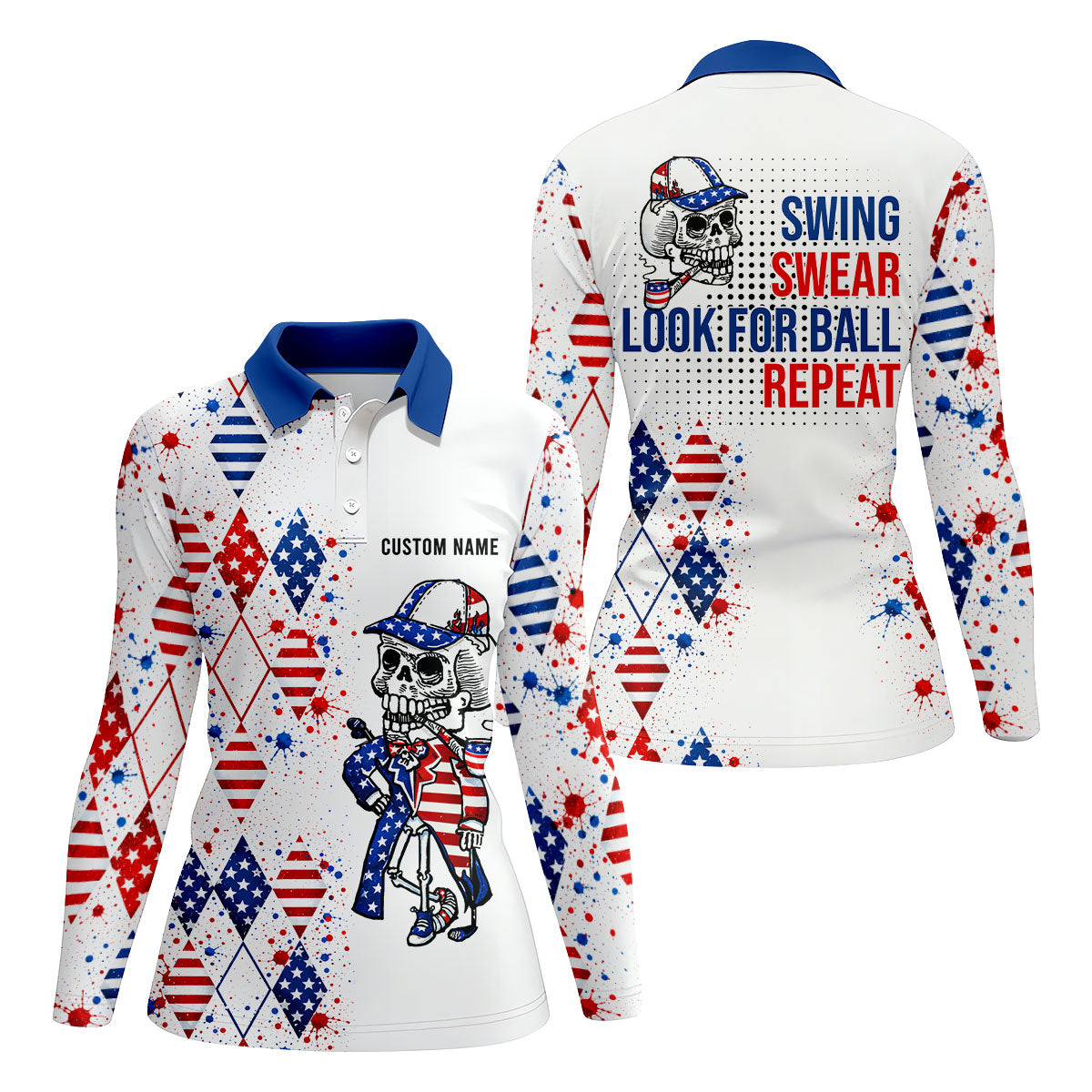 Swing Swear Look For Ball Repeat Red White Blue Argyle Golf Shirt, 250 Years Golf Shirt For Women