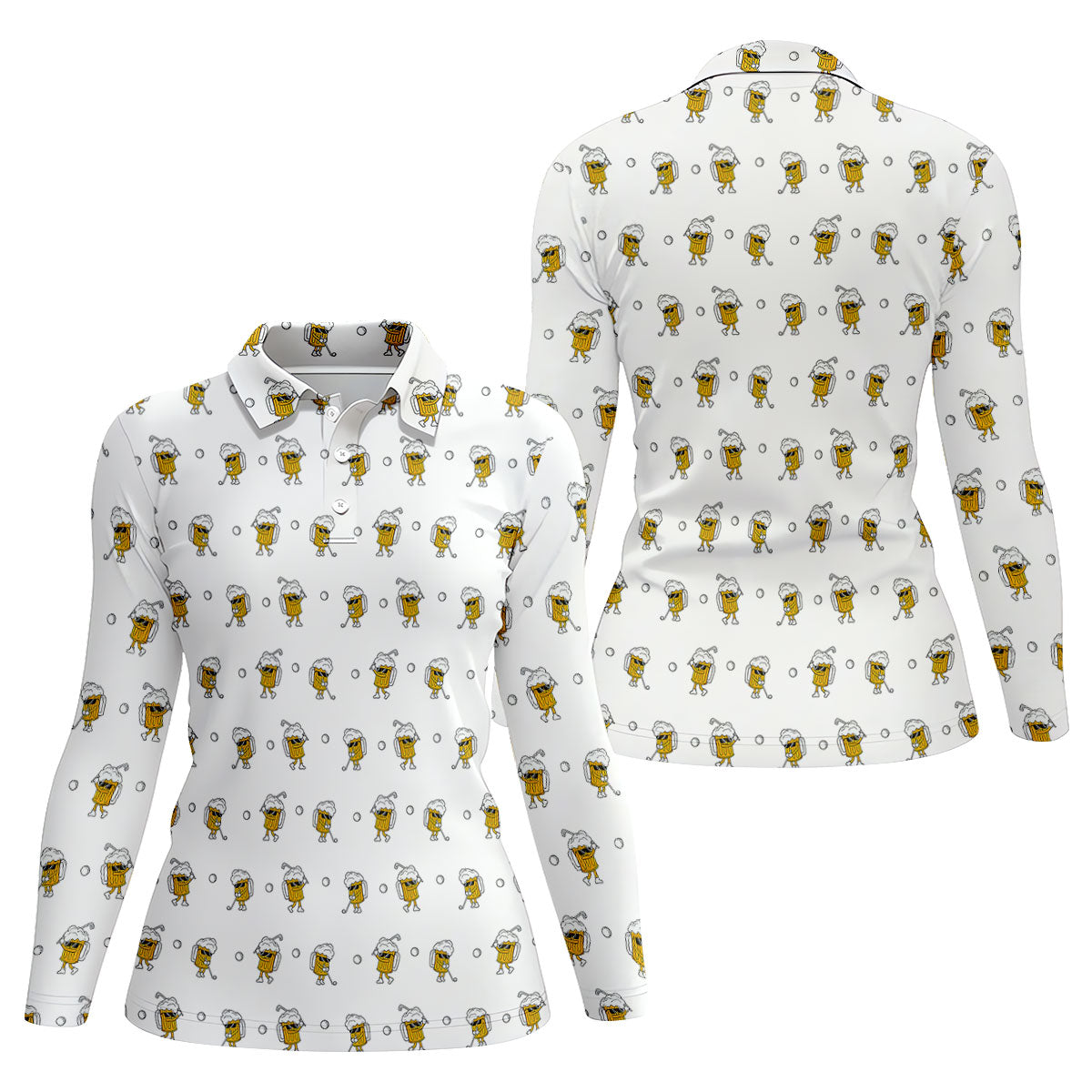 Cartoon Beer Mug Golfer Pattern Golf Polo Shirt, Women’s Golf Polo, Ladies Golf Shirts