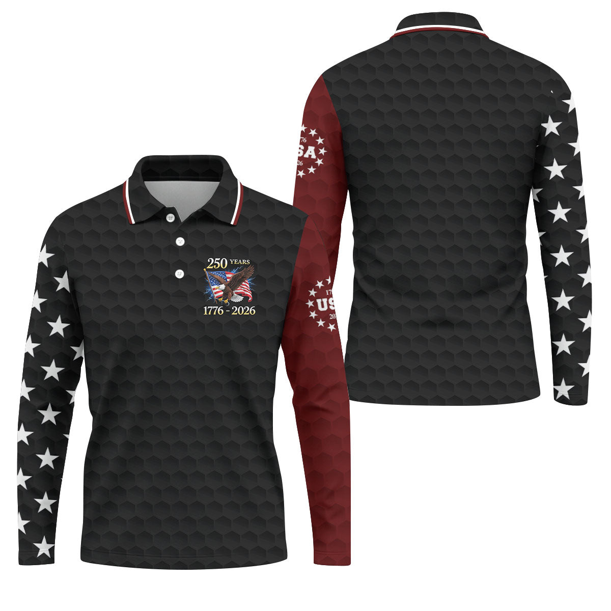 250 Years Bald Eagle US Flag Golf Shirt, Patriotic 4th Of July Golf Ball Pattern Golf Shirts For Men