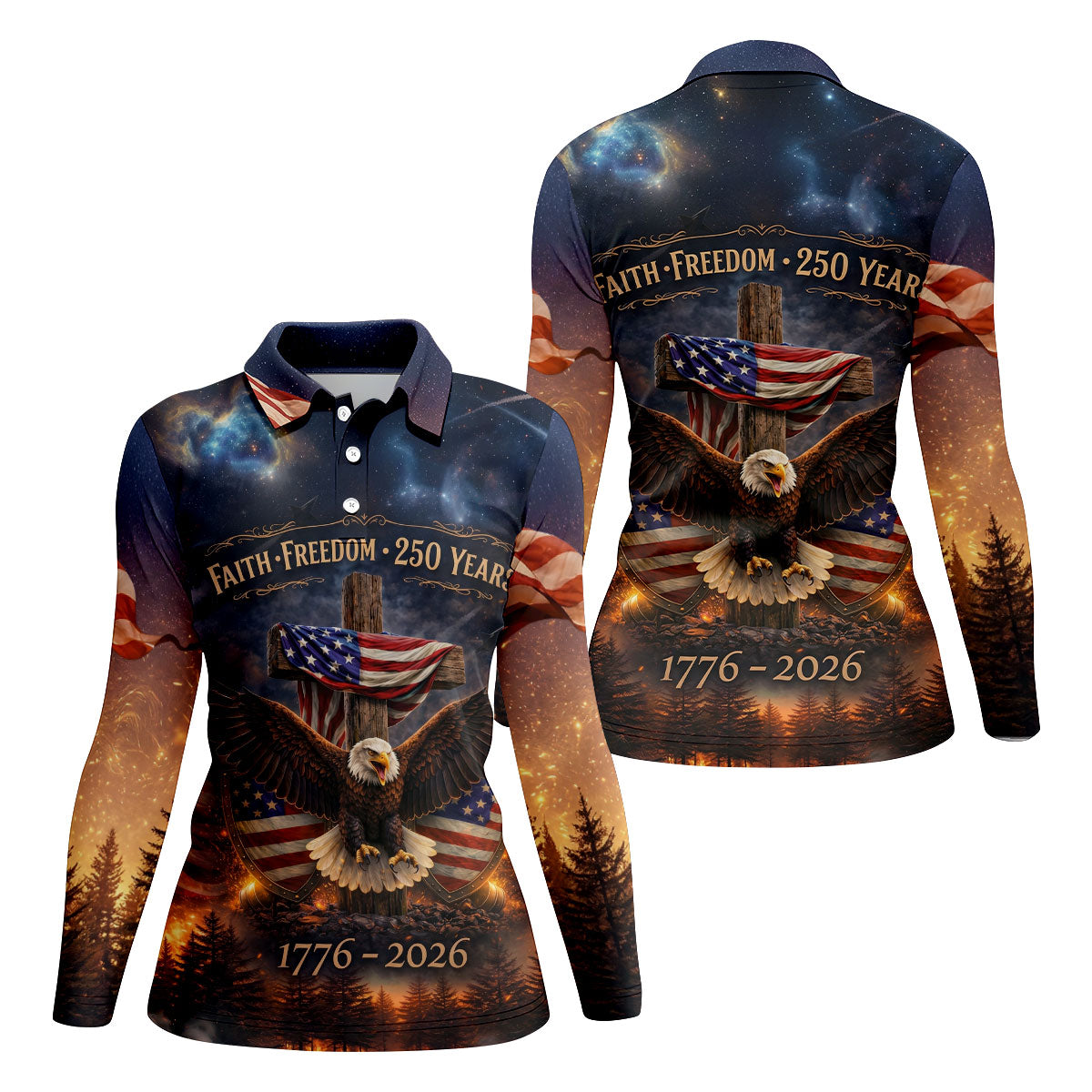 Faith Freedom 250 Years Galaxy Pattern US Flag Golf Shirt, Patriotic 4th Of July Golf Shirt For Women