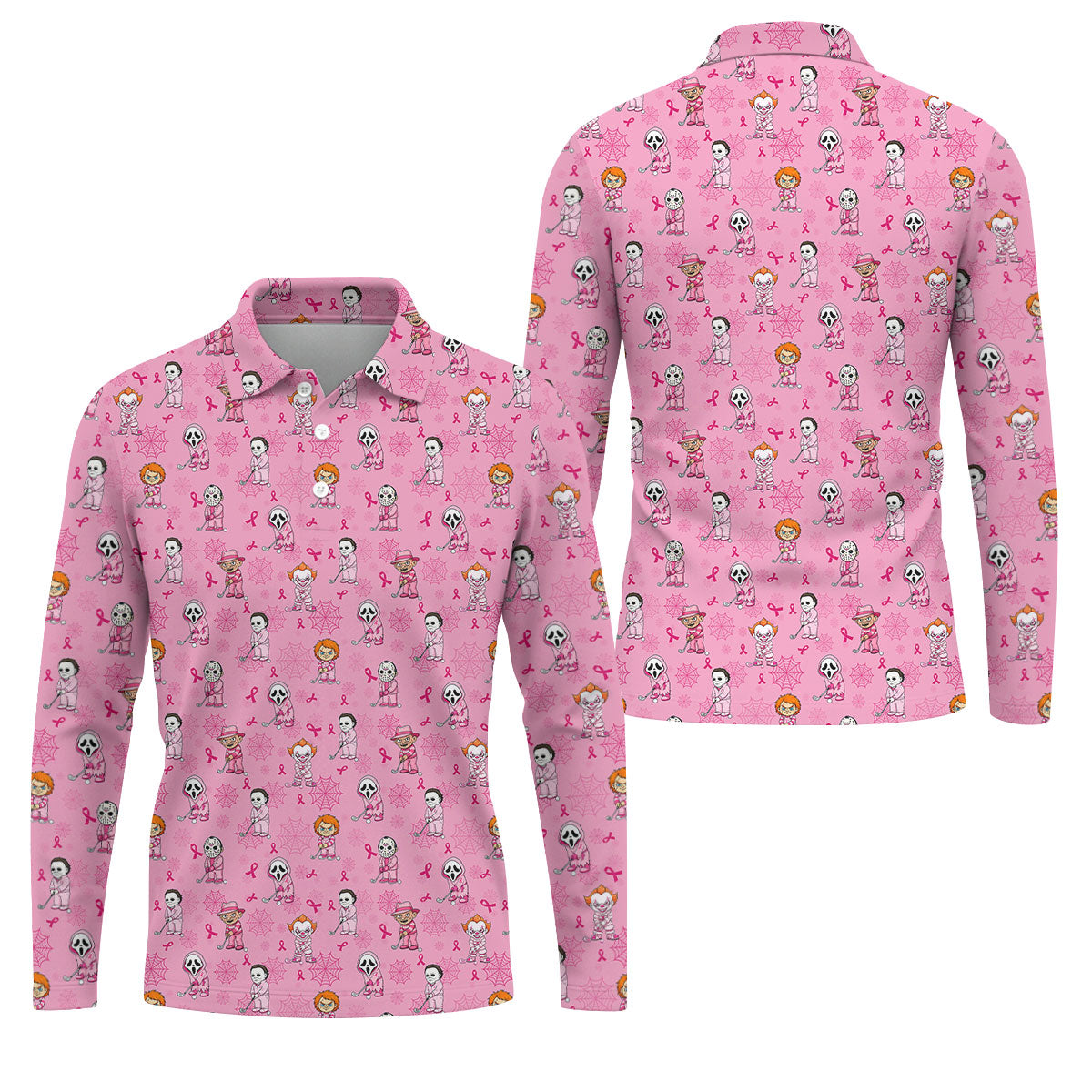 Pink Halloween Horror Breast Cancer Polo Shirt, Golf Shirts For Men, Mens Golf Shirts