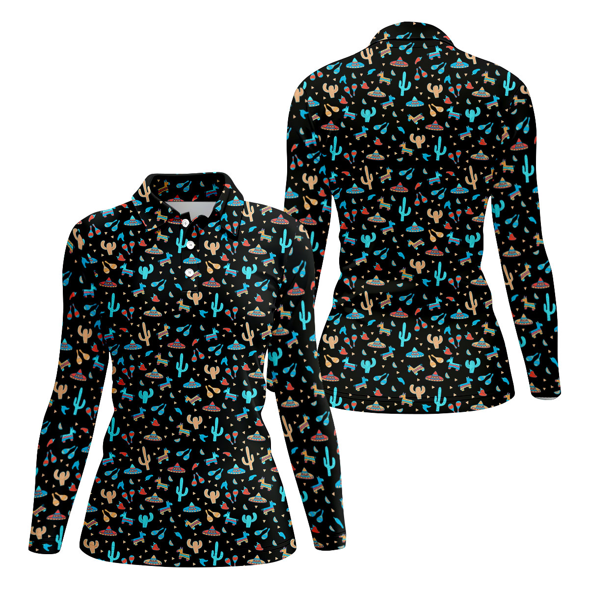 Blue And Beige Cacti Mini Pinatas Cinco De Mayo Celebration Fiesta Themed Golf Shirt For Women