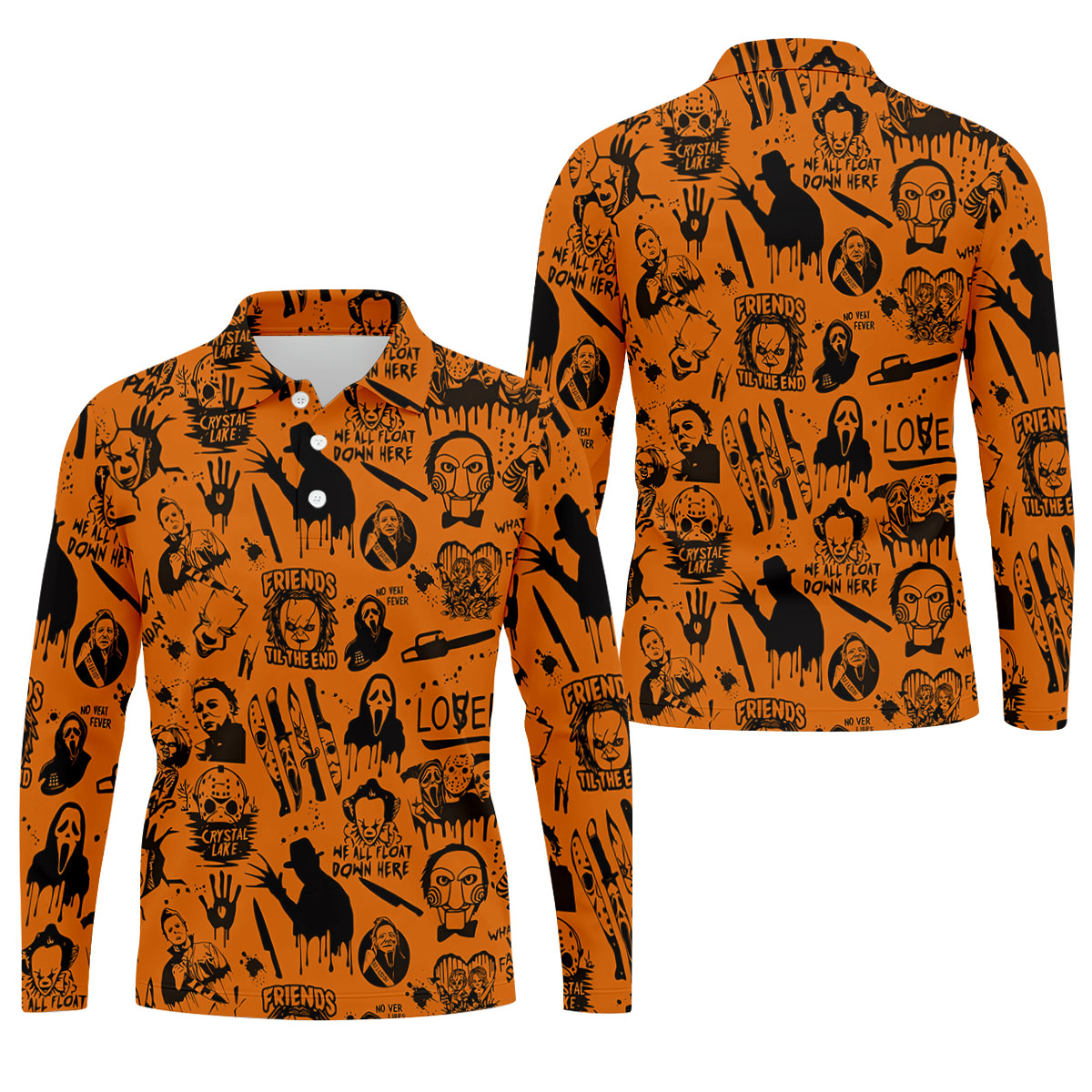 Orange Horror Character Icons Pattern Golf Polo Shirt for Halloween, Mens Golf Polo, Printed Golf Shirts