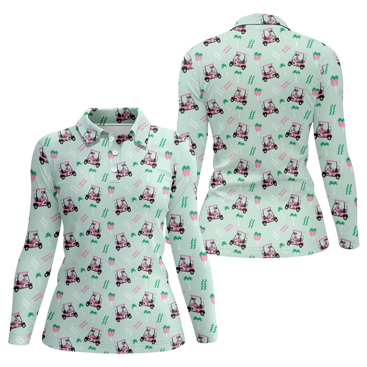 Funny Flamingo Golf Cart Tropical Pattern Polo Shirt, Ladies Golf Top, Golf Tops For Women