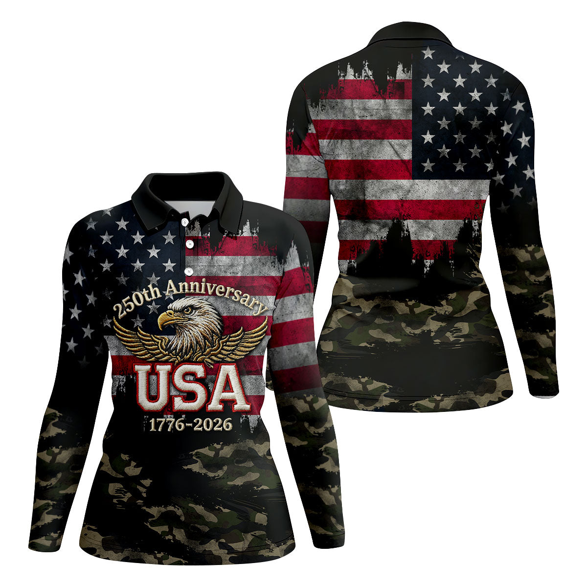 250th Anniversary Camo Golf Shirt, Distressed US Flag Patriotic 4th Of July Golf Shirt For Women