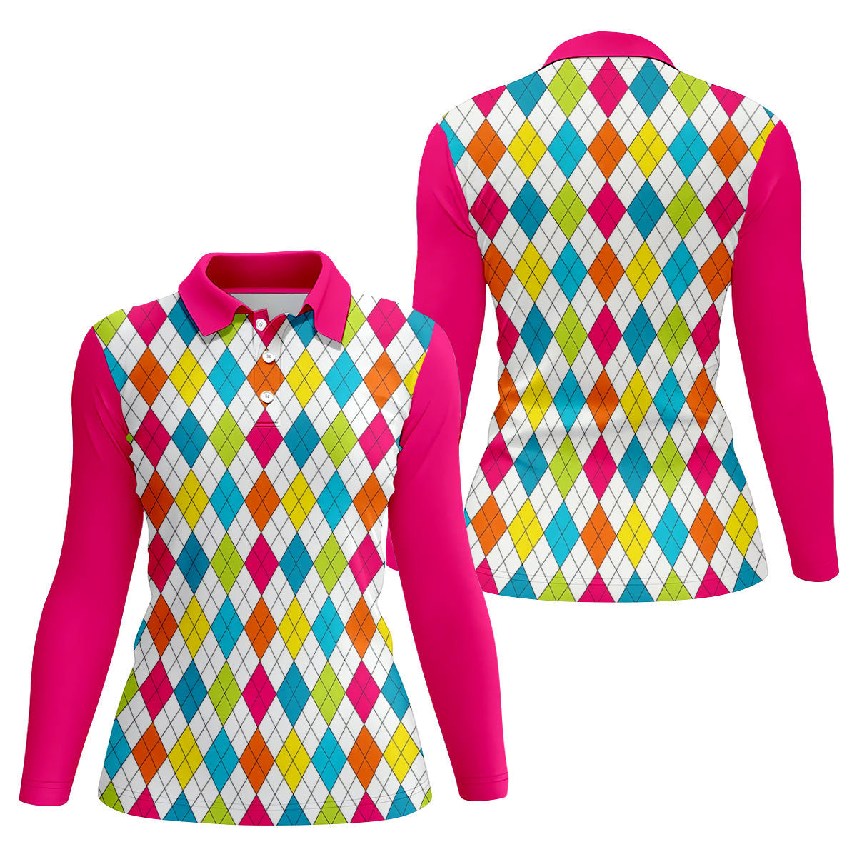 Pink Sleeve Colorful Argyle Plaid Golf Shirt, Golf Polo For Women, Printed Golf Shirt