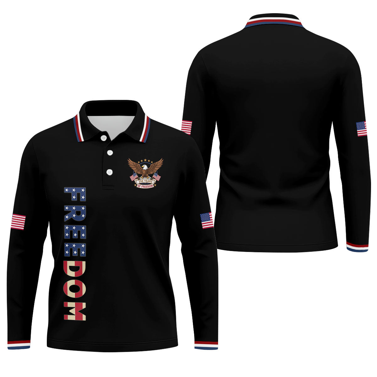 250 Years Of Freedom US Flag Logo Black Golf Shirt, Patriotic 4th Of July Golf Shirts For Men