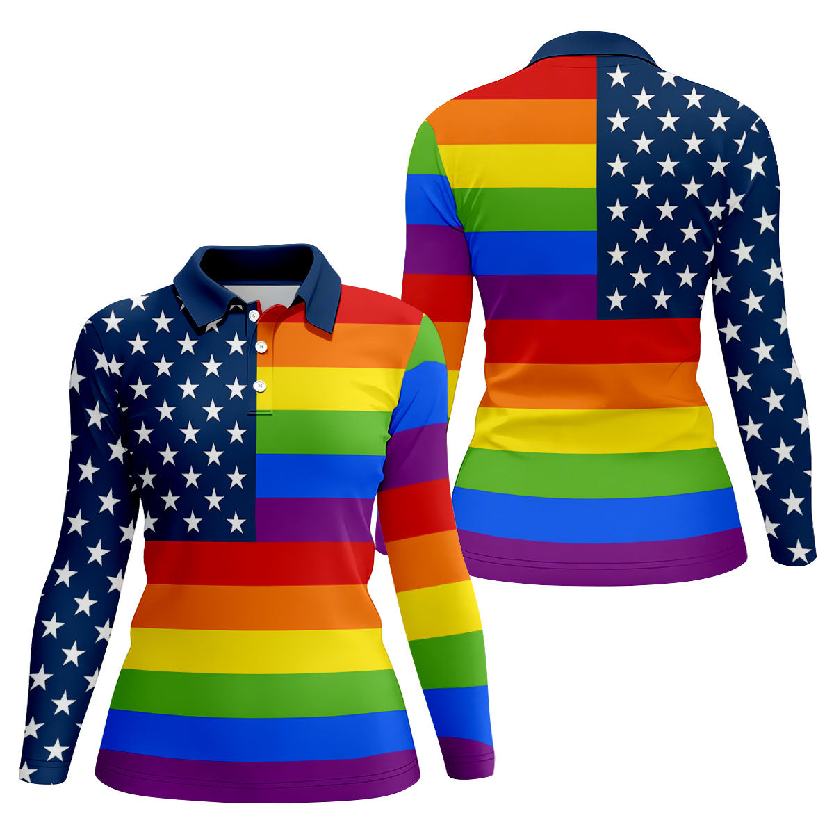 Gay Pride American Flag Ladies Golf Tops, Pride Month Golf Shirt For Women