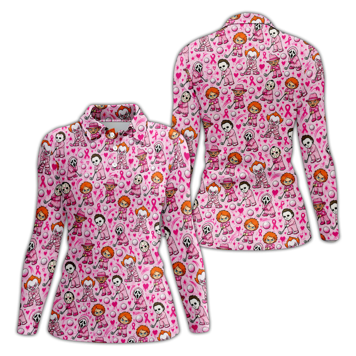 Halloween Horror Character Breast Cancer Polo Shirt, Women's Golf Polo, Ladies Golf Top