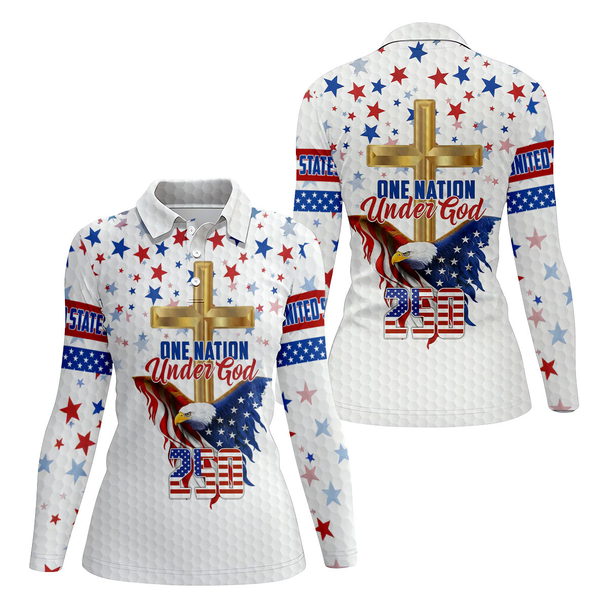 One Nation Under God Faith Cross Bald Eagle 4th Of July Golf Shirt, 250 Years Golf Shirt For Women