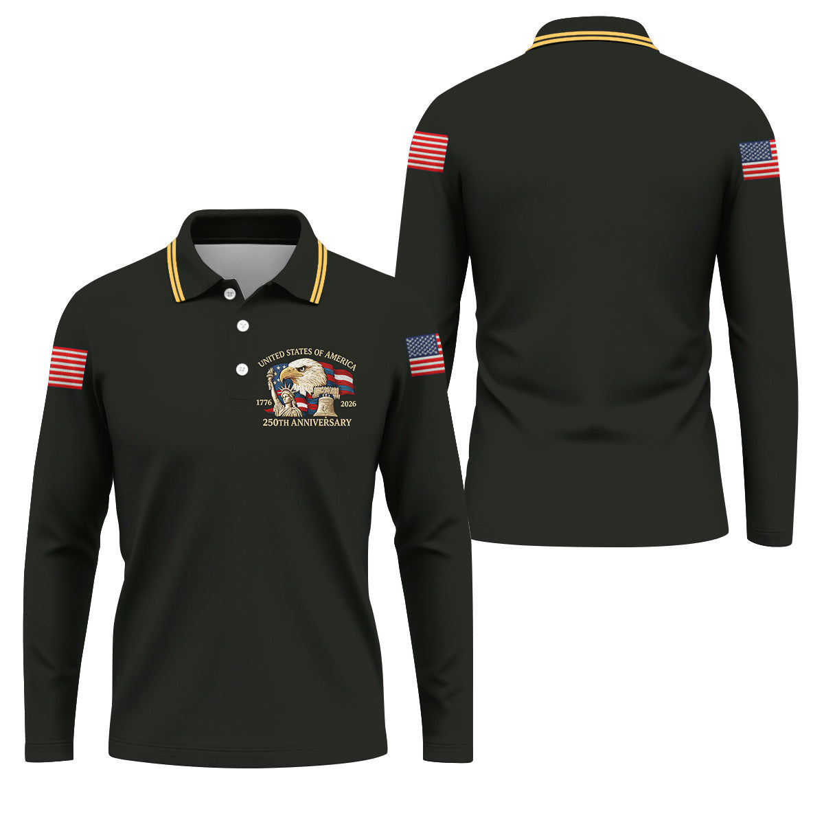 Bald Eagle American Flag 250 Years Black Golf Shirt, Patriotic 4th Of July Golf Shirts For Men