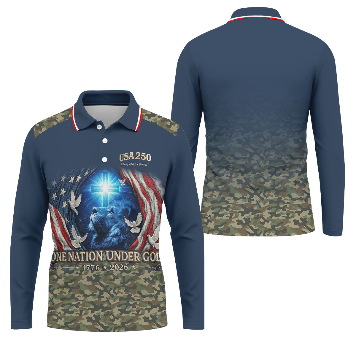 One Nation Under God Faith Cross USA 250 Navy Camo Golf Shirt, 4th Of July Golf Shirts For Men