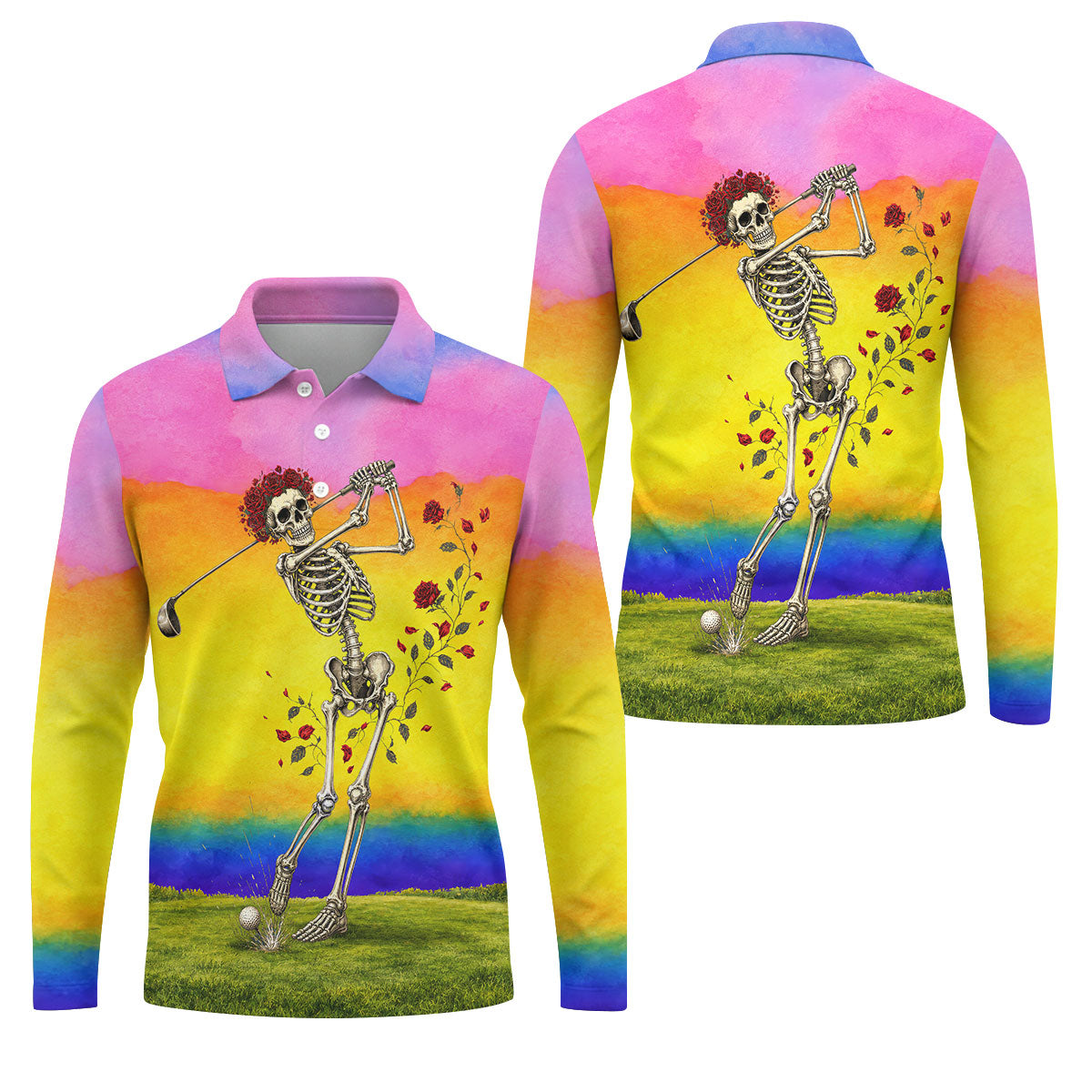 Rainbow Skeleton Golfer Golf Polo Shirt, Mens Golf Shirts, Hawaiian Golf Shirt