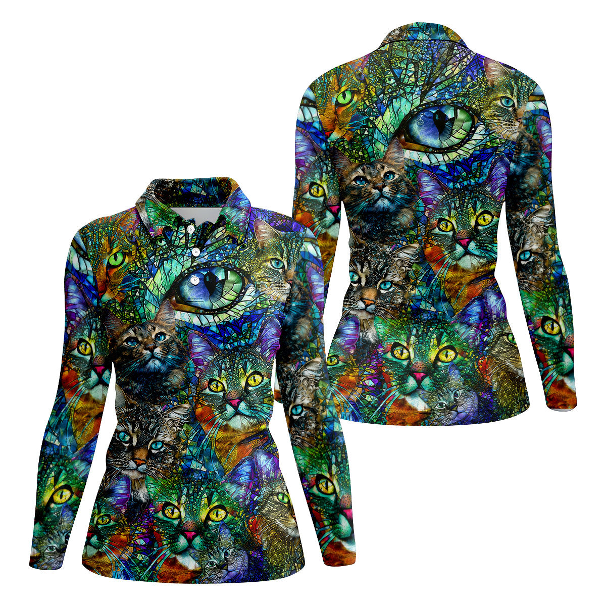 Colorful Stained Glass Cat Art Golf Polo Shirt, Golf Shirts For Women, Women's Golf Polo