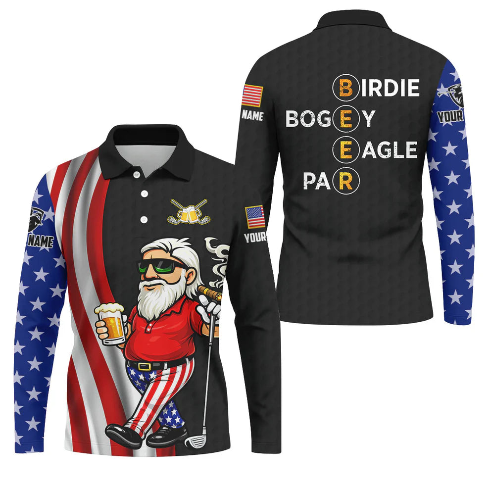 Custom Name Beer Golf Shirt, Birdie Bogey Eagle Par Funny Men's Shirt, Patriotic 250th Anniversary Black Golfing Top
