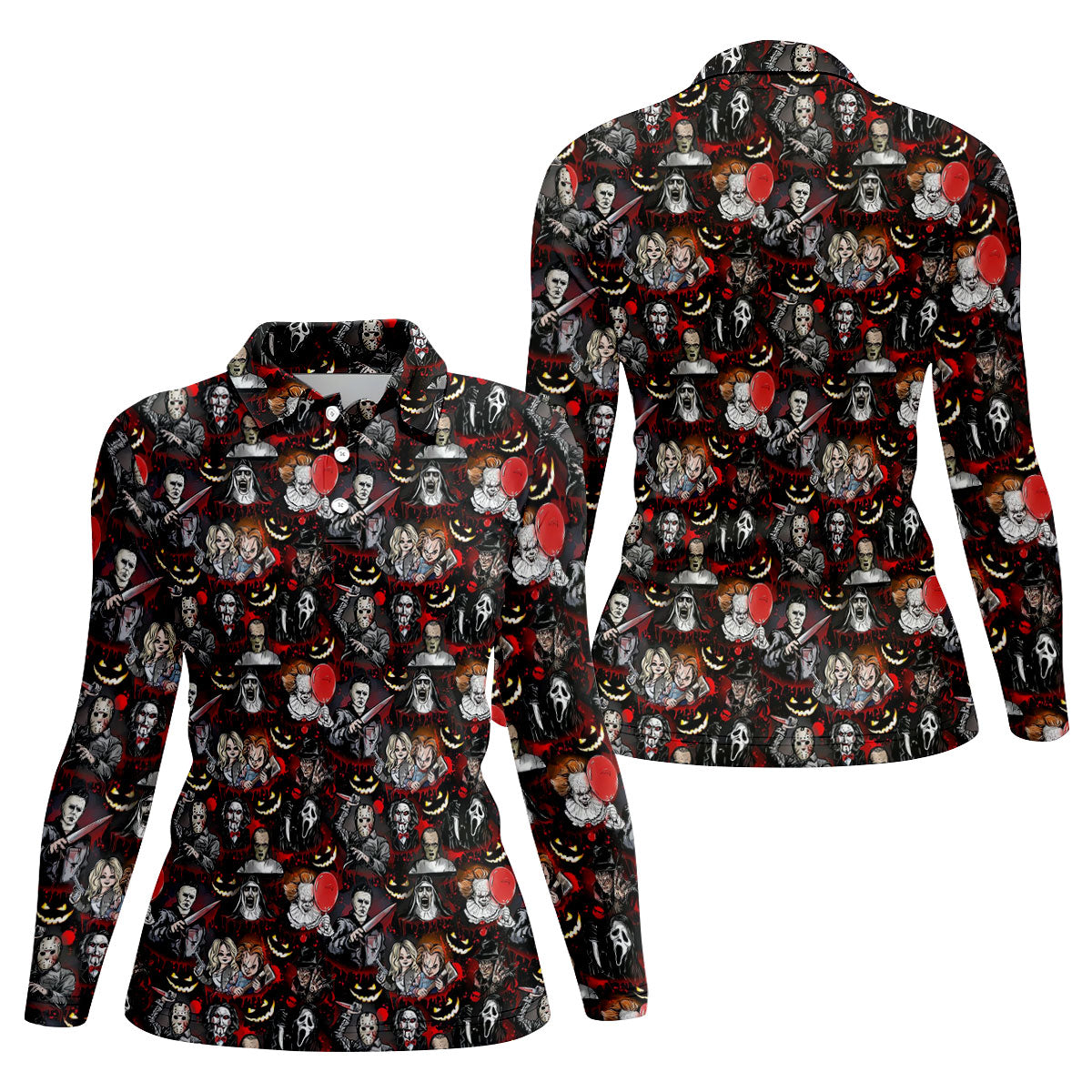 Horror Character Halloween Pattern Golf Polo Shirt, Womens Golf Polo, Ladies Golf Shirts