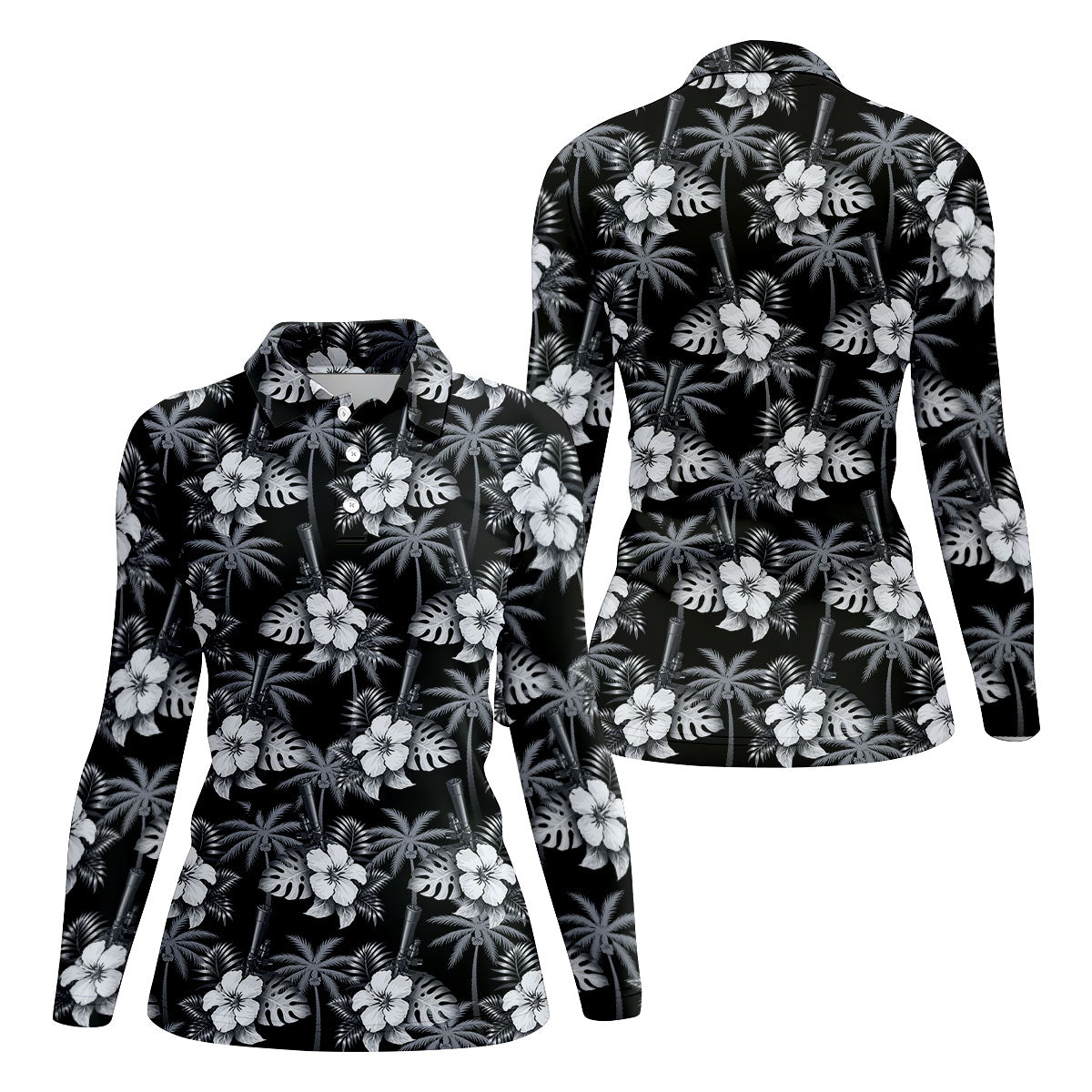 White Hibicus Black Hawaiian Golf Shirt, Tropical Summer Theme Golf Shirt For Women