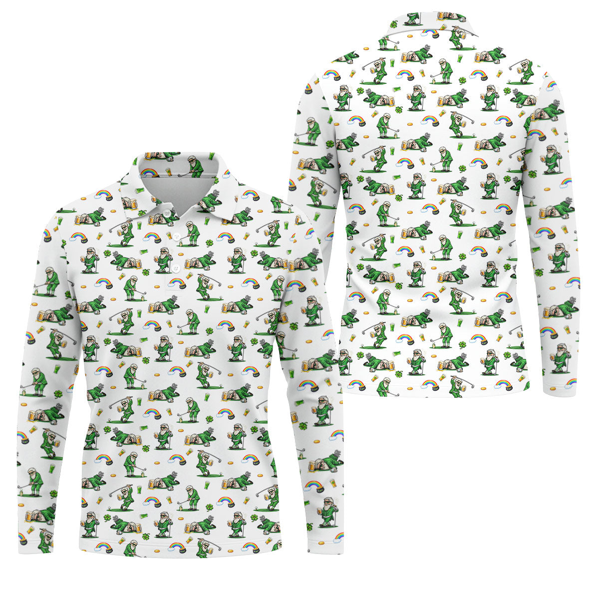 St Patrick's Day Leprechaun Character Golf And Beer White Golf Shirt, Fun Golf Shirts For Men, Polo For Men
