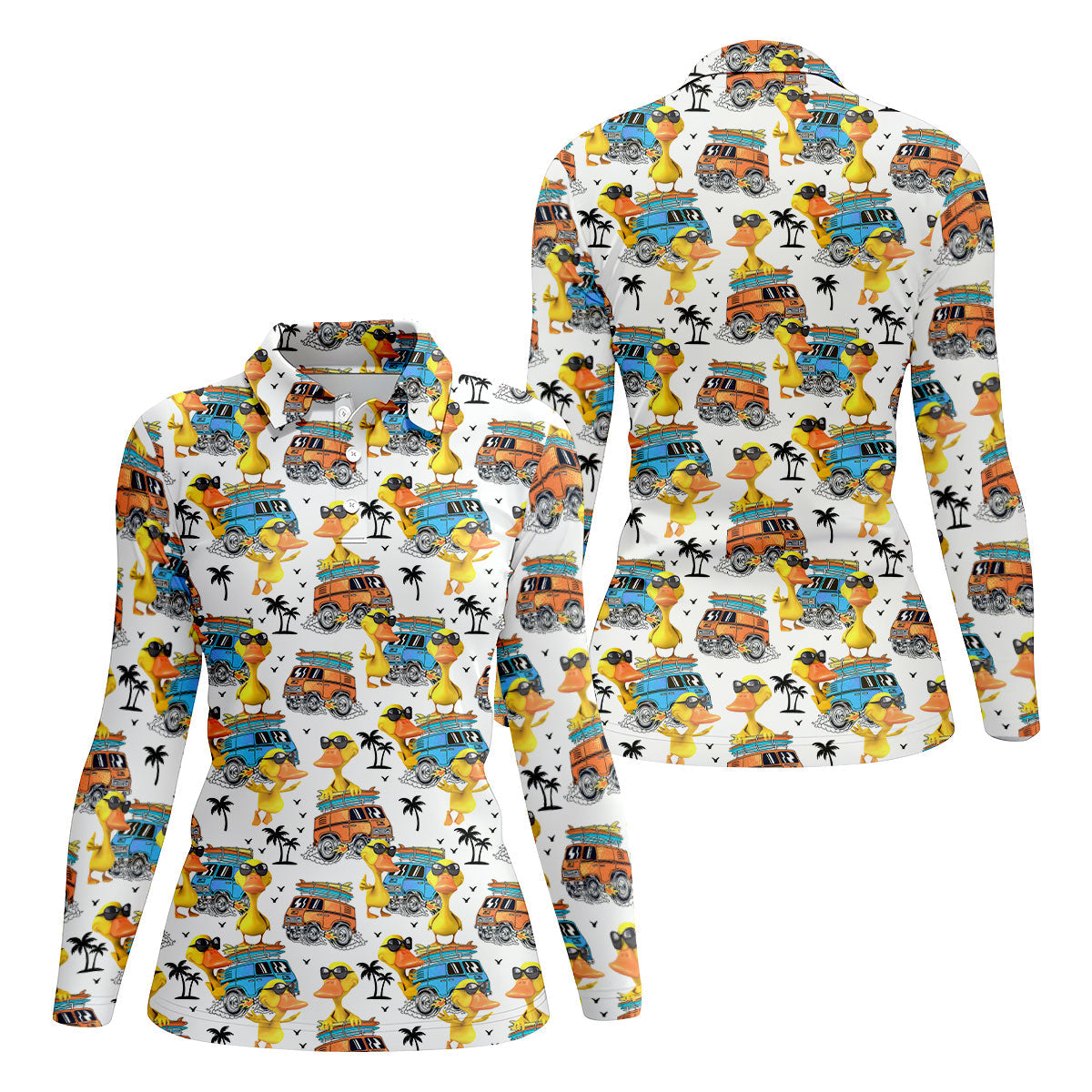 Cool Duck Surf Van Beach Golf Shirt, Women’s Golf Polo, Ladies Golf Tops, Printed Golf Shirt