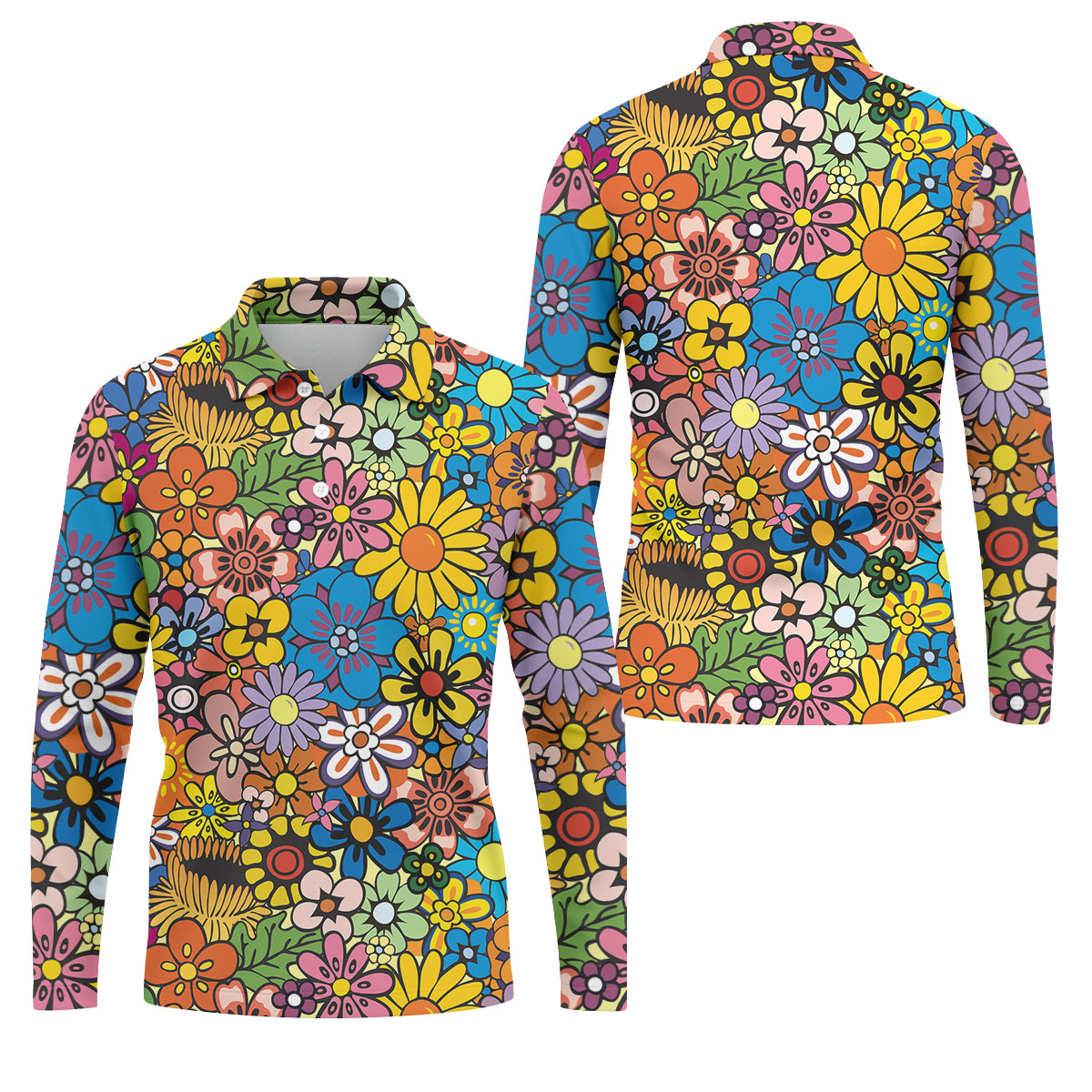 Multicolor Retro Flower Power Golf Shirt, Mens Golf Polo, Hawaiian Golf Shirt, Golf Apparel For Men
