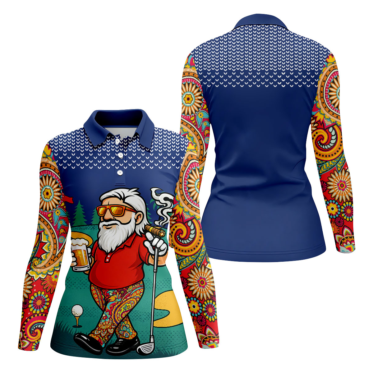 Women's Funny Golf Santa Beer And Cigar Polo Shirt, Christmas Golf Shirt, Women’s Golf Polo, Women’s Golf Apparel