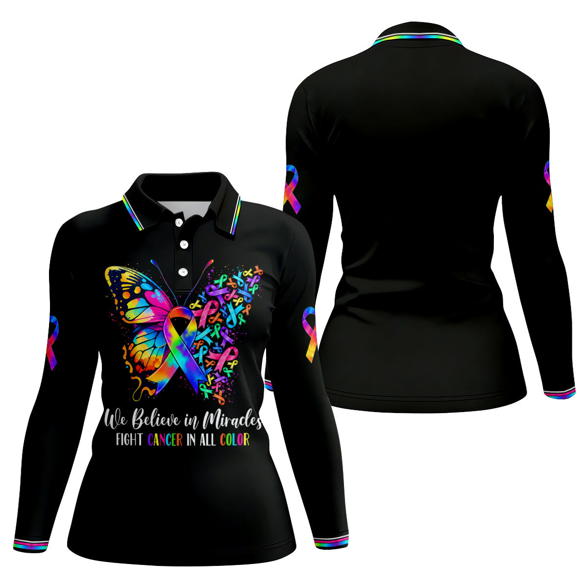 We Believe In Miracles Butterfly Cancer Polo Shirt, Women's Golf Tops, Printed Golf Shirt