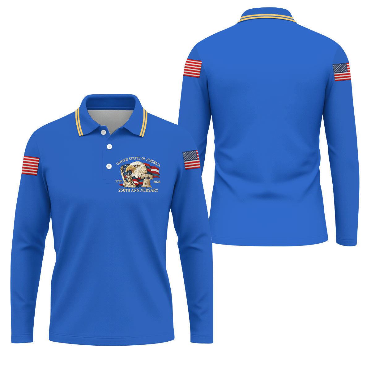 Bald Eagle American Flag 250 Years Blue Golf Shirt, Patriotic 4th Of July Golf Shirts For Men