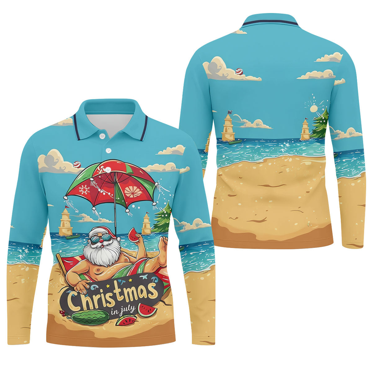 Christmas In July Santa Beach Christmas Golf Shirt, Men's Golf Shirt, Hawaiian Golf Shirt, Printed Golf Shirts