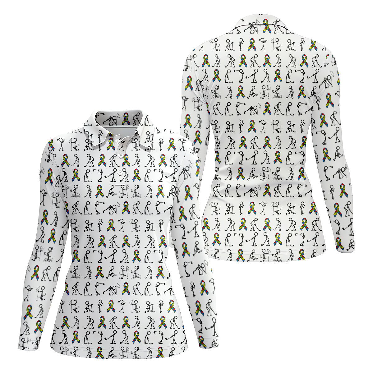 Stick Figure Golf Pose Autism Ribbon White Golf Shirt, Autism Awareness Colors Ladies Golf Polos