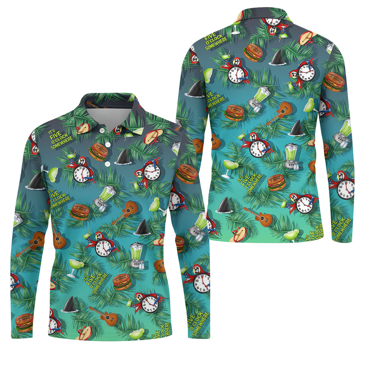 Teal Tropical Cocktail Parrot Pattern Golf Polo Shirt, Men's Golf Shirt, Golf Polo Shirts For Men