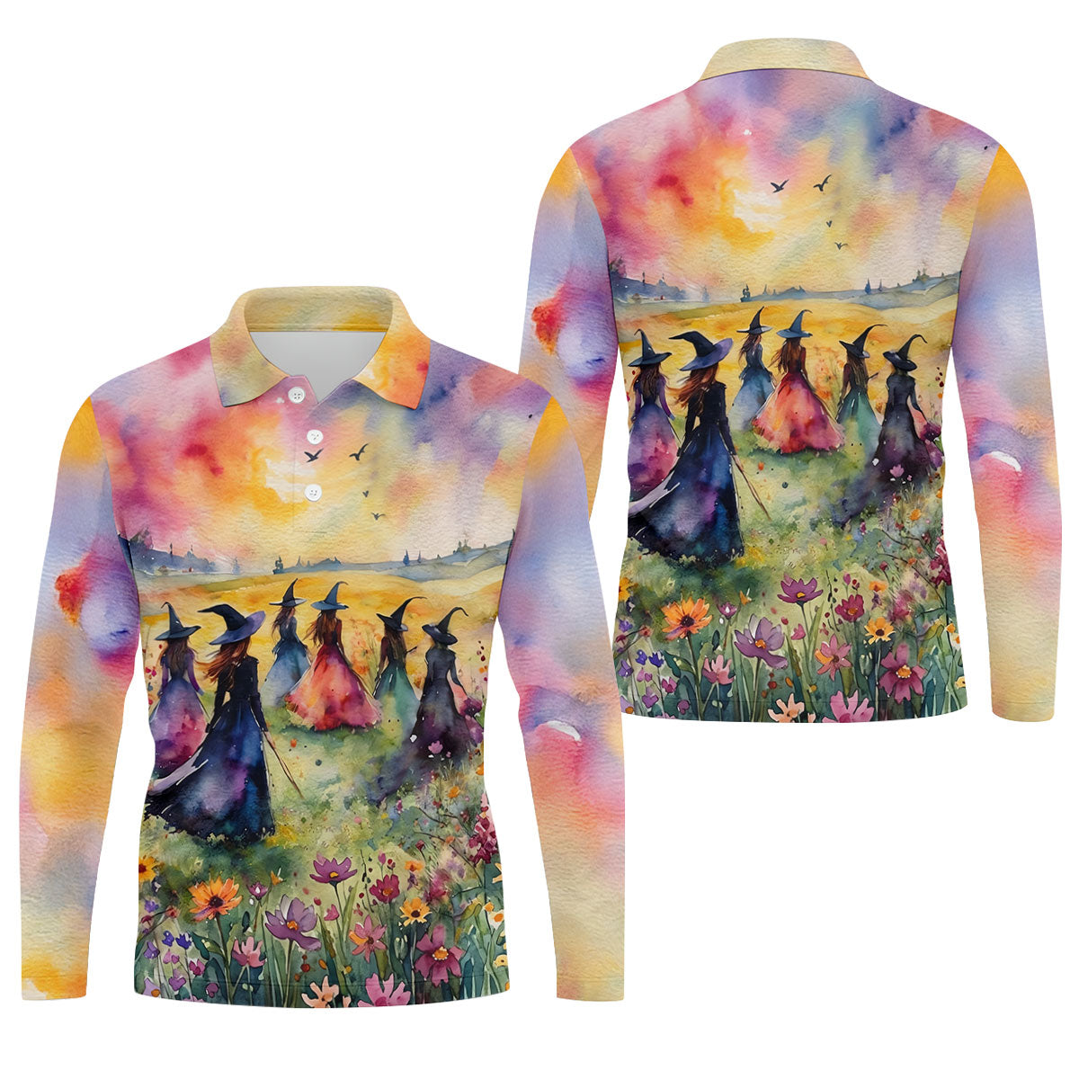 Watercolor Witch Gathering Halloween Golf Polo Shirt, Printed Golf Shirts, Golf Polo Shirts For Men