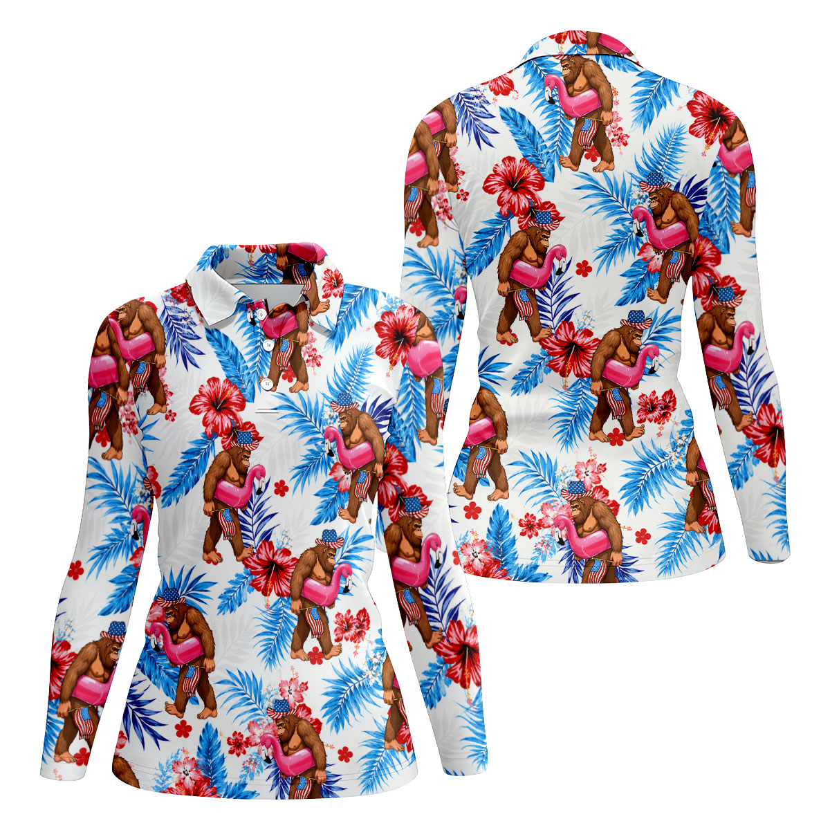 Bigfoot Flamingo Float Tropical Hawaiian Golf Shirt, Hawaiian Golf Shirt, Golf Tops For Women