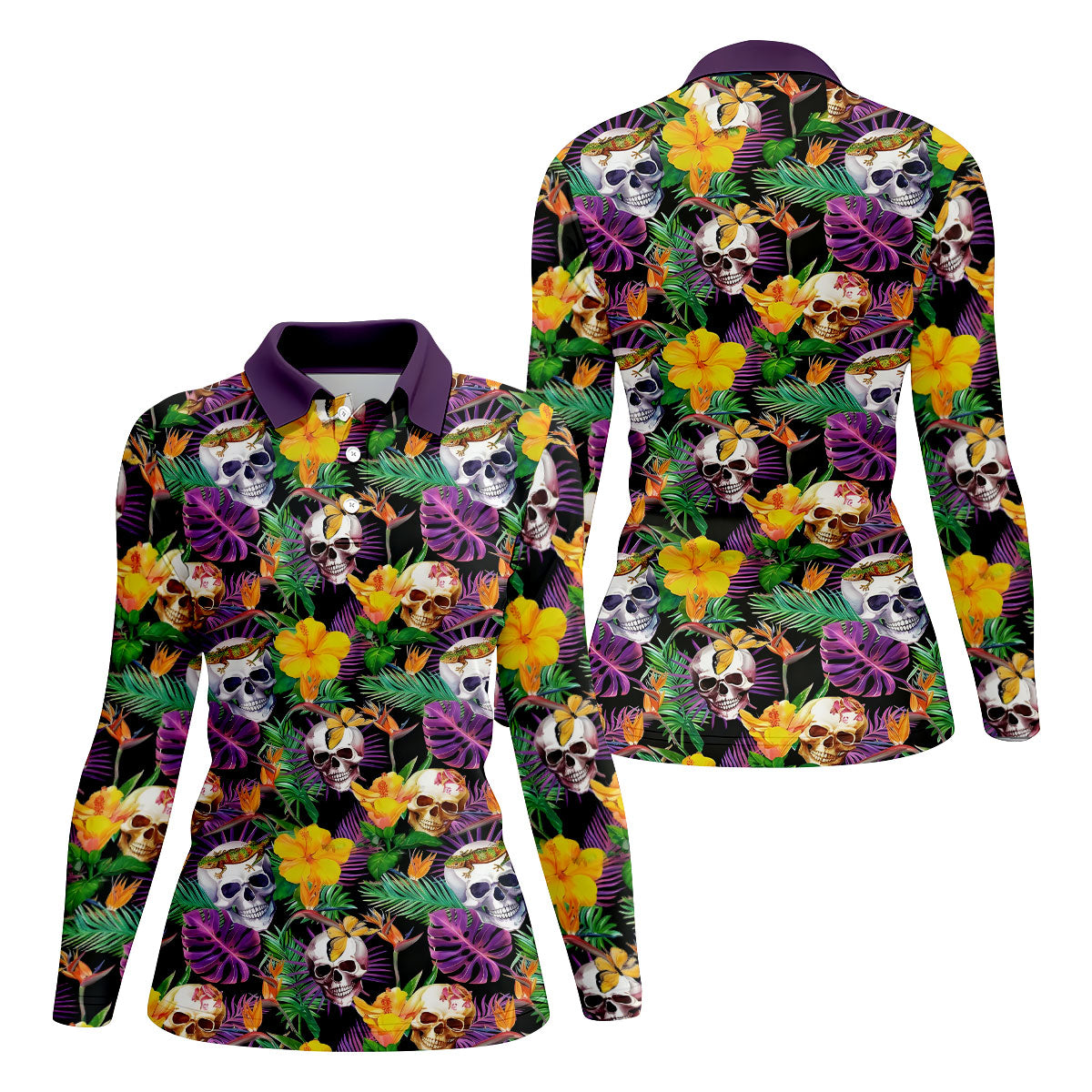 Tropical Sugar Skull Floral Golf Polo Shirt, Golf Tops For Women, Performance Golf Shirt