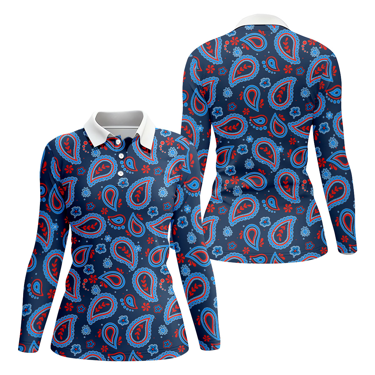 Blue Red Paisley Pattern Golf Polo Shirt, Women's Golf Polo, Golf Shirts For Women