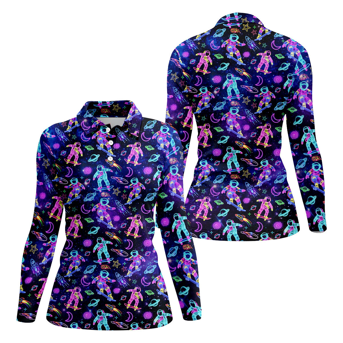 Neon Astronaut Skateboarding Galaxy Polo Shirt, Women’s Golf Polo, Golf Shirts For Women, Printed Golf Shirt