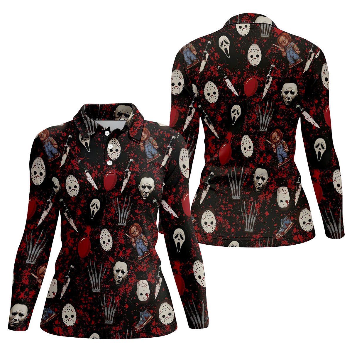 Halloween Horror Character Mask Pattern Hawaiian Golf Shirt, Women's Golf Tops, Golf Polo For Women
