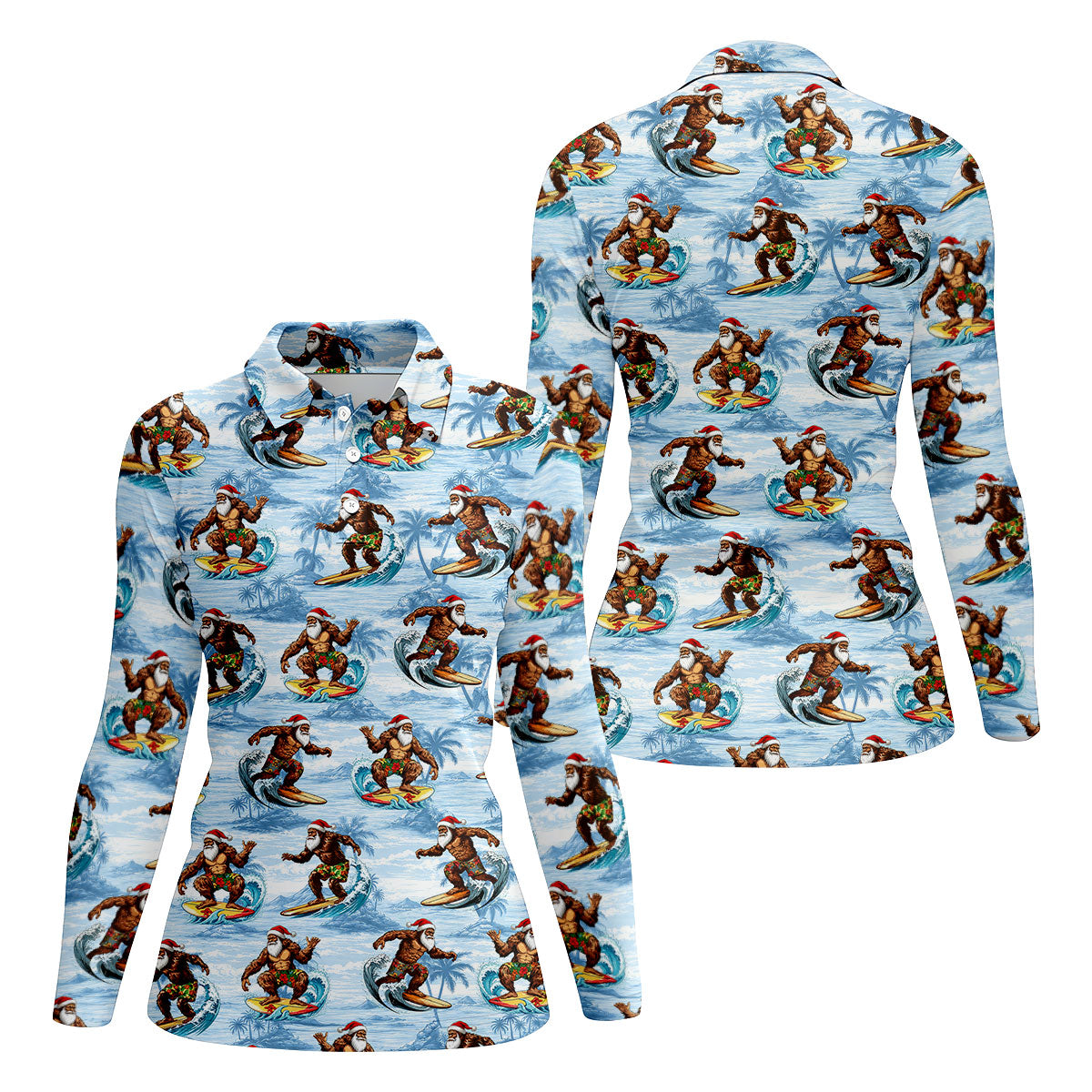 Funny Surfing Santa Bigfoot Christmas Polo Shirt, Womens Golf Polo, Hawaiian Golf Shirt