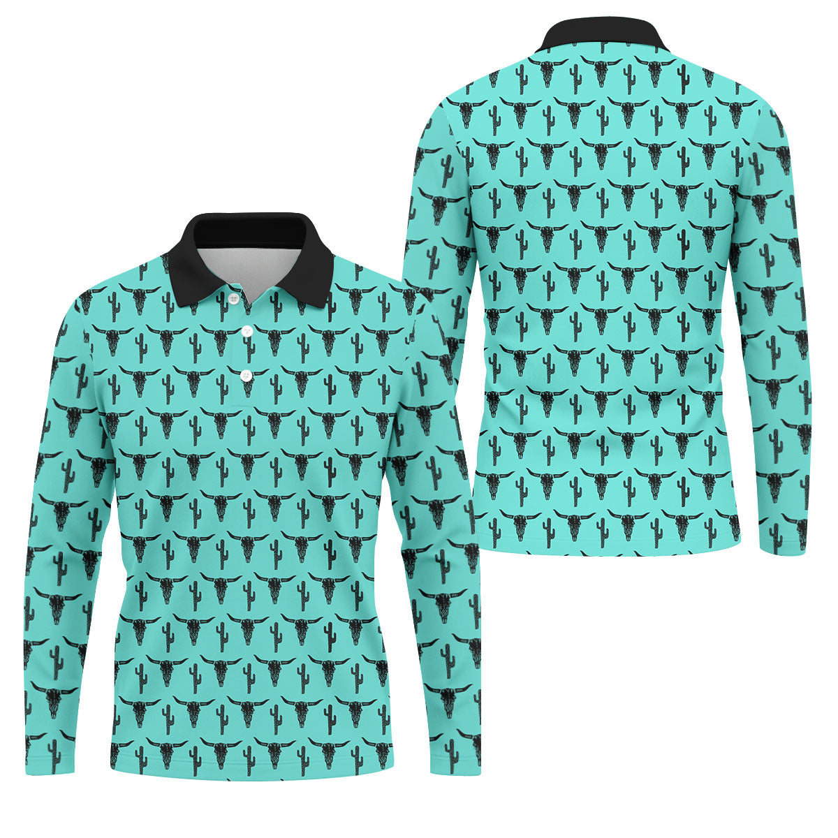 Longhorn Cow Skull Western Theme Peacock Blue Golf Tops For Men, Polo Shirts For Men, Golf Shirts For Men