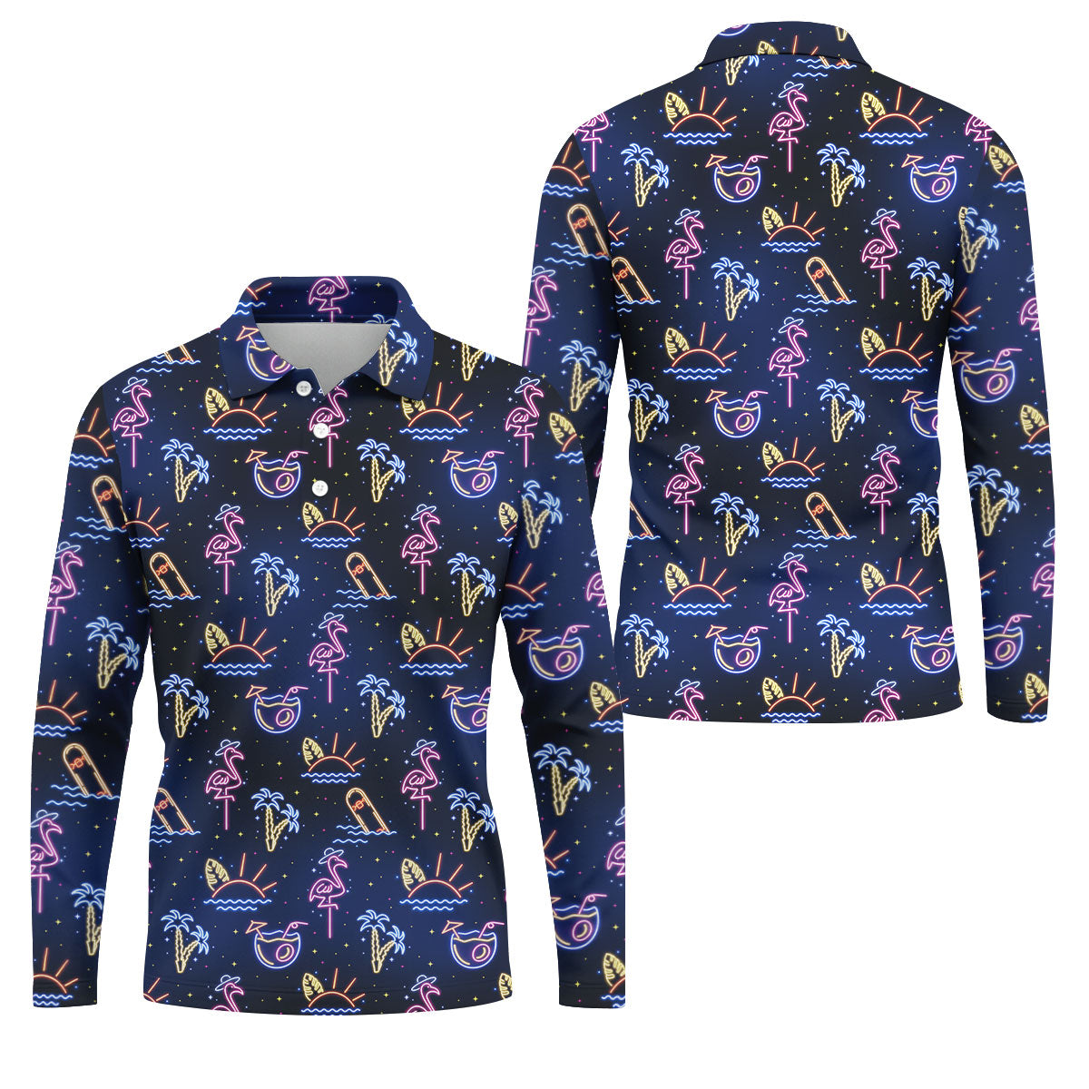 Neon Tropical Flamingo Sunset Cocktail Night Golf Polo, Hawaiian Golf Shirt, Polo Shirts For Men