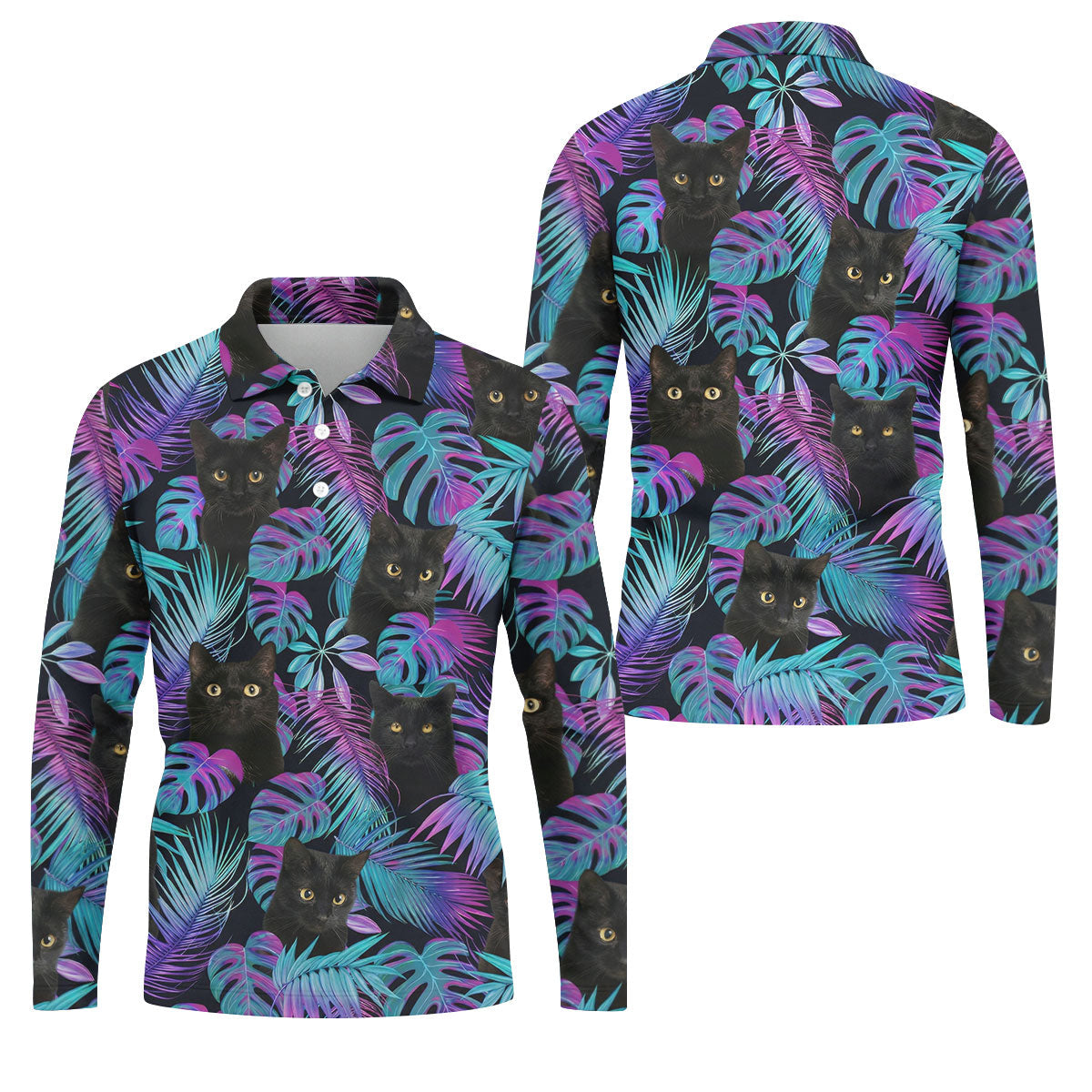 Funny Black Cat Purple Blue Gradient Hawaiian Golf Shirt, Golf Shirts For Men