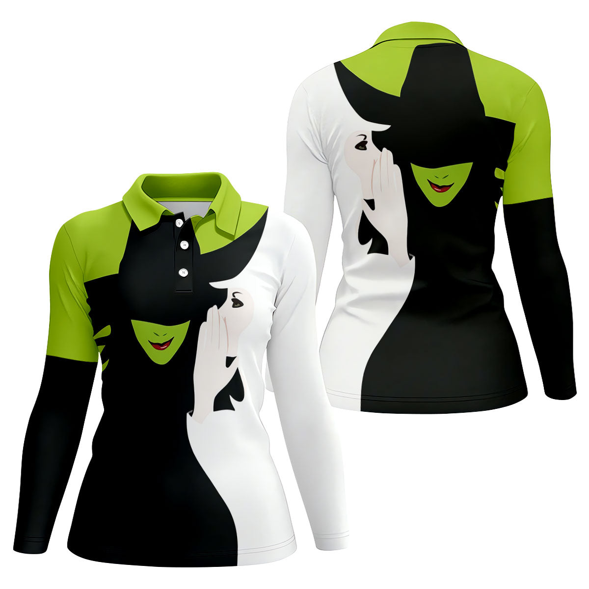 Green & White Witch Faces Halloween Golf Polo Shirt, Golf Tops For Women, Women's Golf Polo