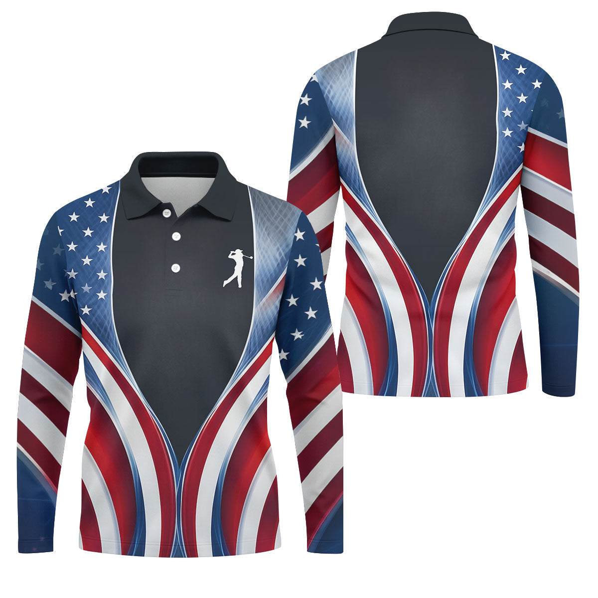 Red White Blue Wavy Stripes Patriotic Golf Shirt, 250 Years 4th Of July Golf Shirts For Men